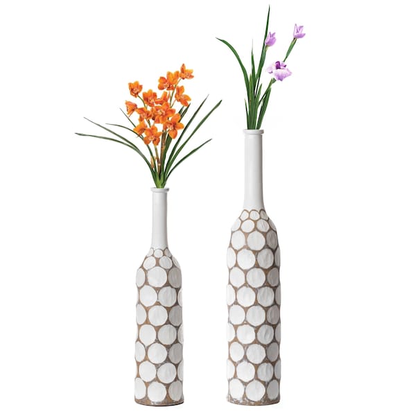 Uniquewise Decorative Contemporary Floor Vase White Carved Divot Bubble Design with Tall Neck, PK 2 QI004180.2 - main
